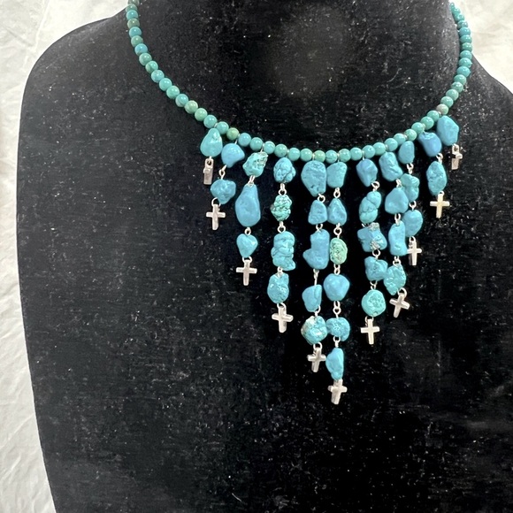 Turquoise Choker Necklace With Sterling Silver Crosses and Clasp Adjustable. - Picture 1 of 9